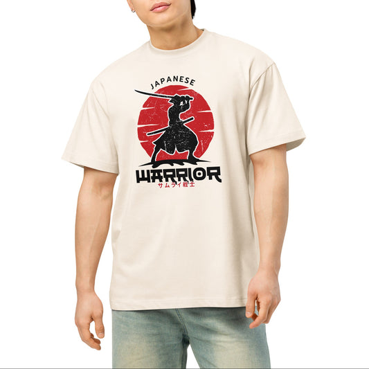 Person wearing a beige t-shirt with a Japanese Warrior graphic design on a white background
