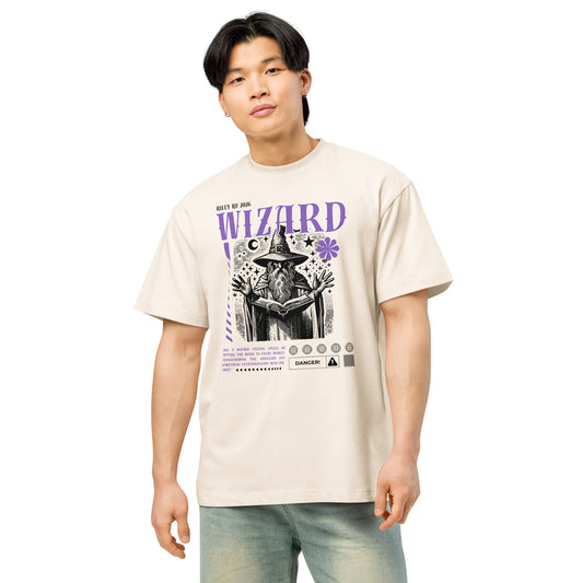 Person wearing a beige t-shirt with a graphic design and text on a white background