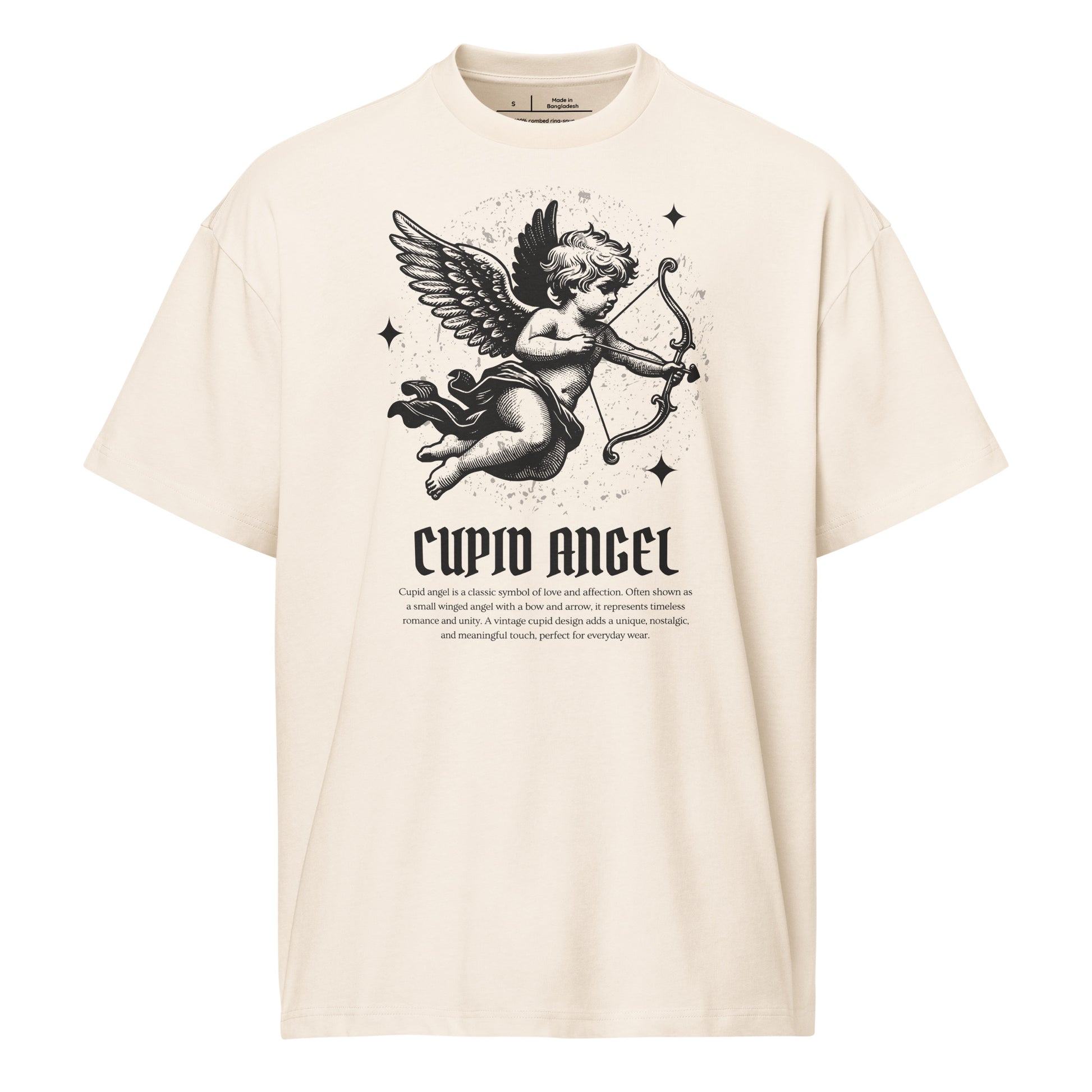 Beige t-shirt with Cupid angel graphic and text on a white background