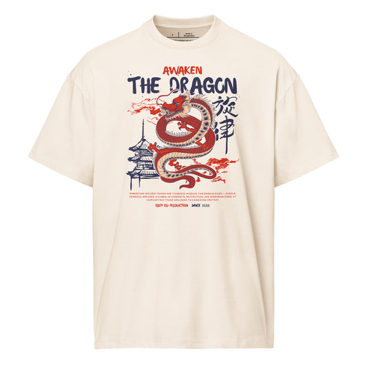 Beige t-shirt with dragon graphic and text on a white background