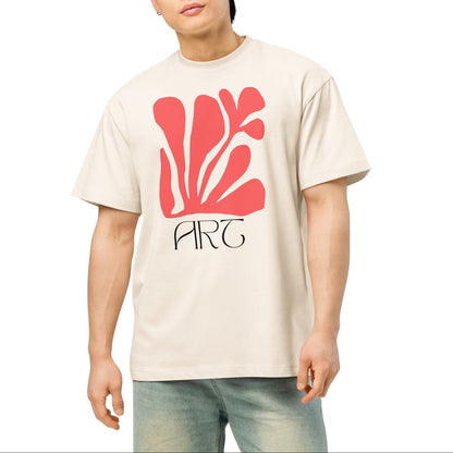 Person wearing a beige t-shirt with a red floral design and 'ART' text on a white background