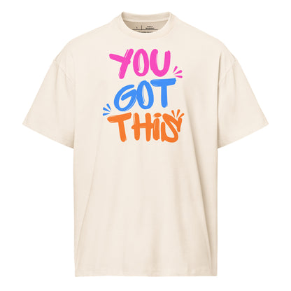 Beige t-shirt with 'You Got This' text in colorful letters on a white background
