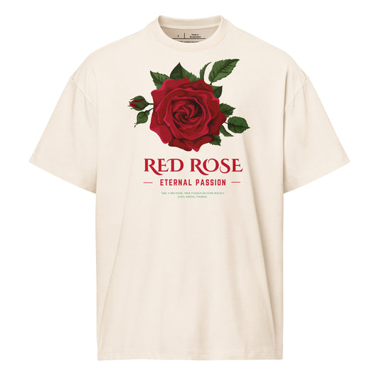 Beige t-shirt with a red rose graphic and text on a white background