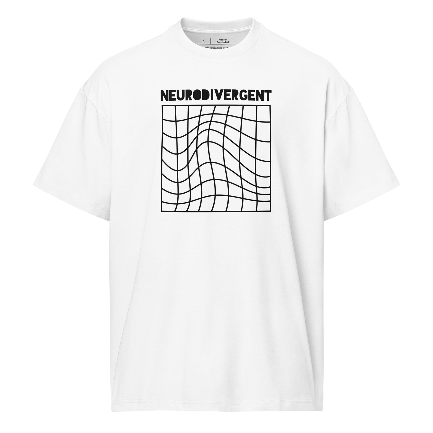 White t-shirt with 'NEURODIVERGENT' text and graphic design on a white background