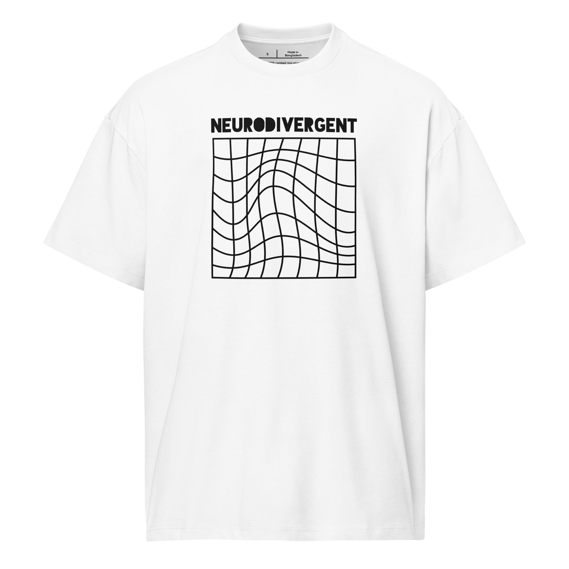 White t-shirt with 'NEURODIVERGENT' text and graphic design on a white background