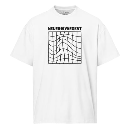 White t-shirt with 'NEURODIVERGENT' text and graphic design on a white background