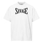 White t-shirt with 'SAVAGE' text on a white background