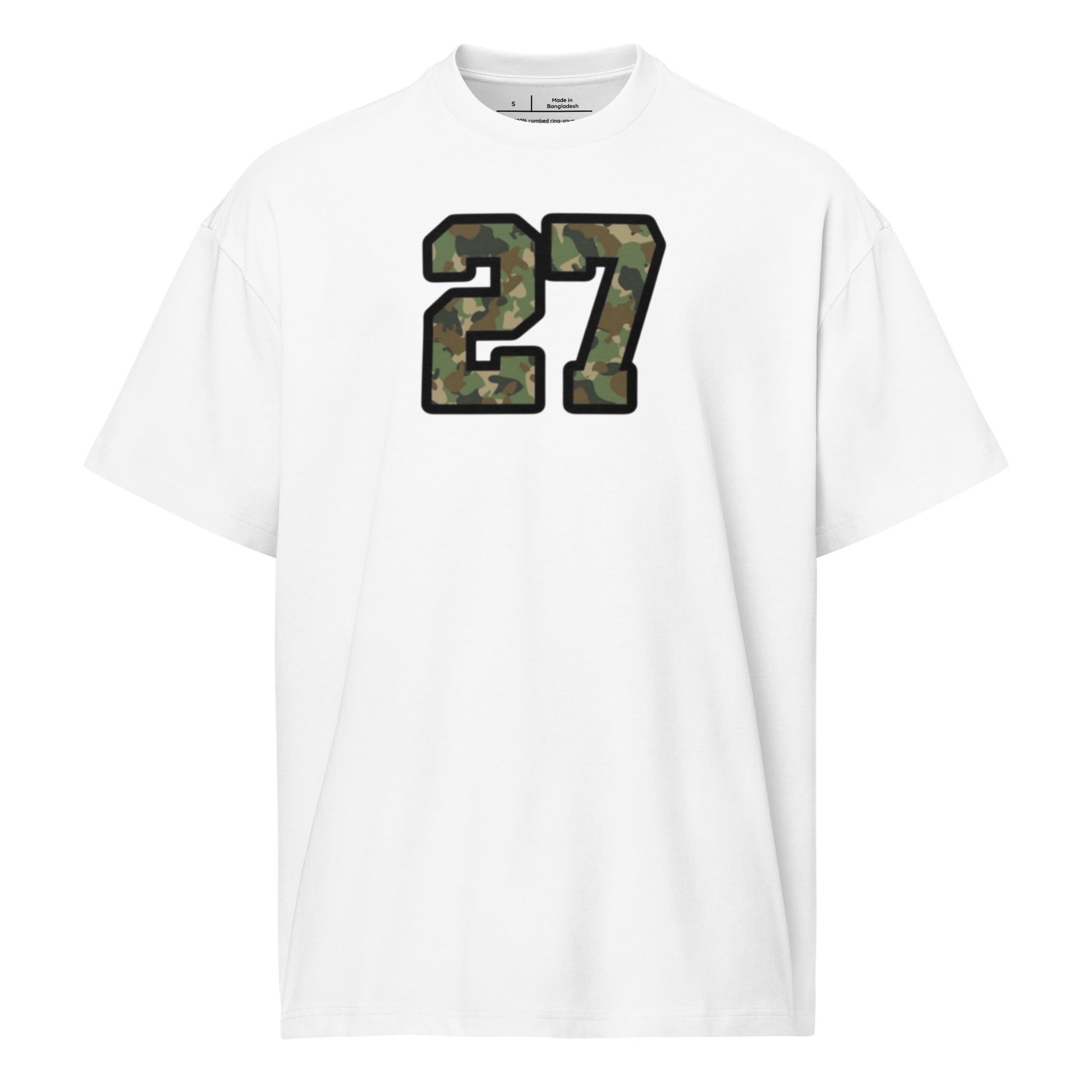 White t-shirt with camouflage number 27 on a white background