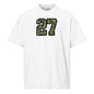 White t-shirt with camouflage number 27 on a white background