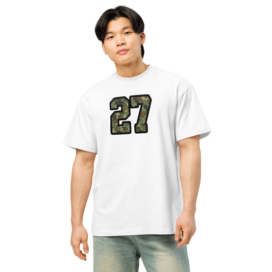 Person wearing a white t-shirt with a camouflage number 27 design on a white background