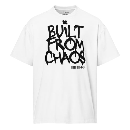 White t-shirt with 'Built from Chaos' text on a white background