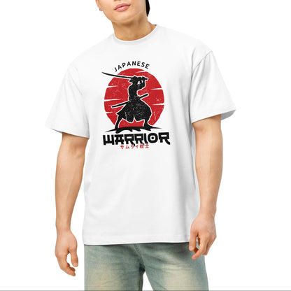 Person wearing a white t-shirt with a 'Japanese Warrior' graphic design on a white background