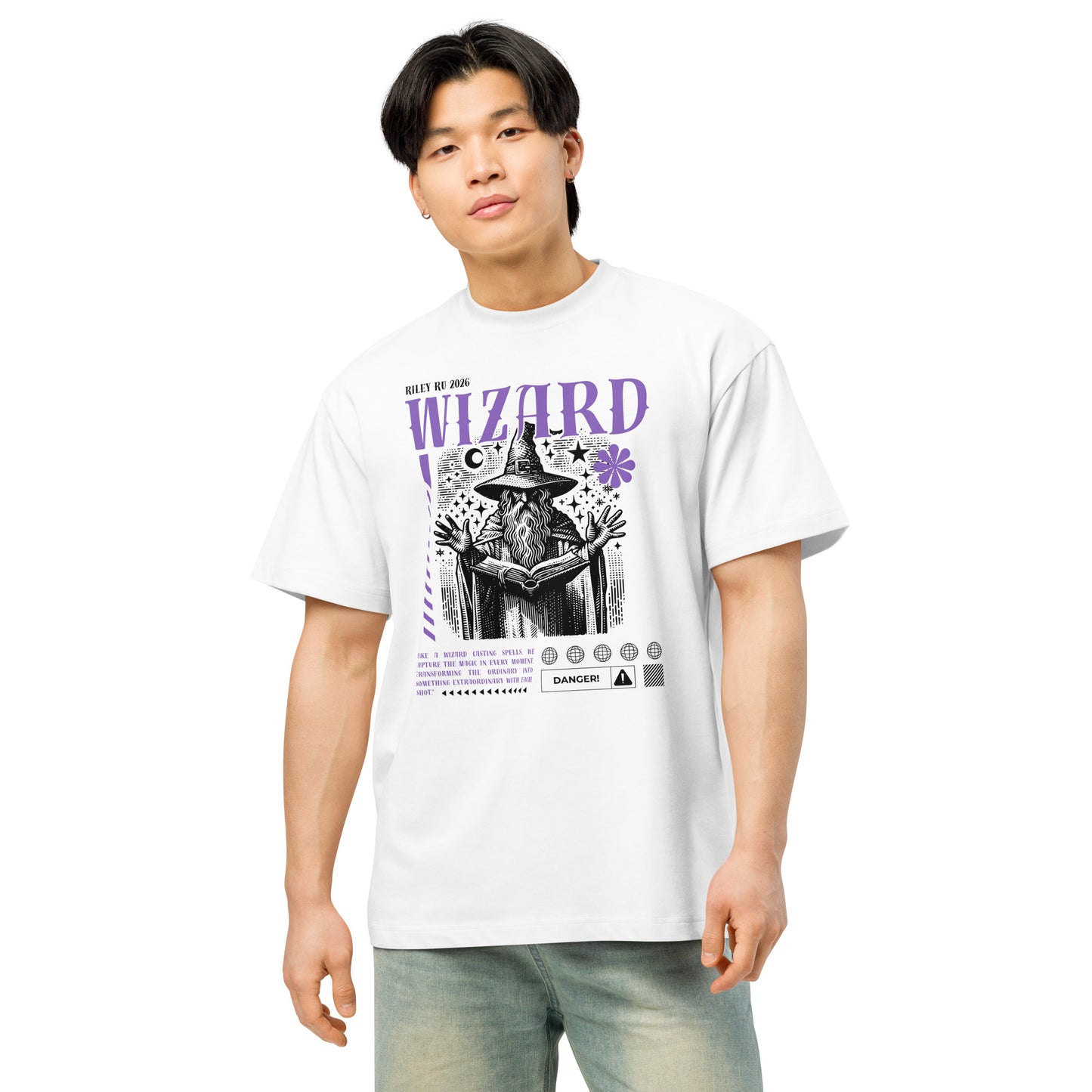 Person wearing a white t-shirt with a graphic design and text on a white background