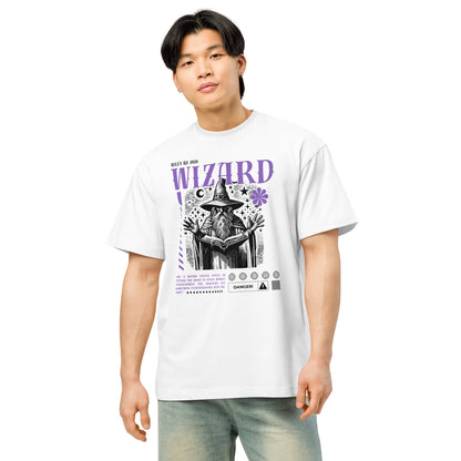 Person wearing a white t-shirt with a graphic design and text on a white background