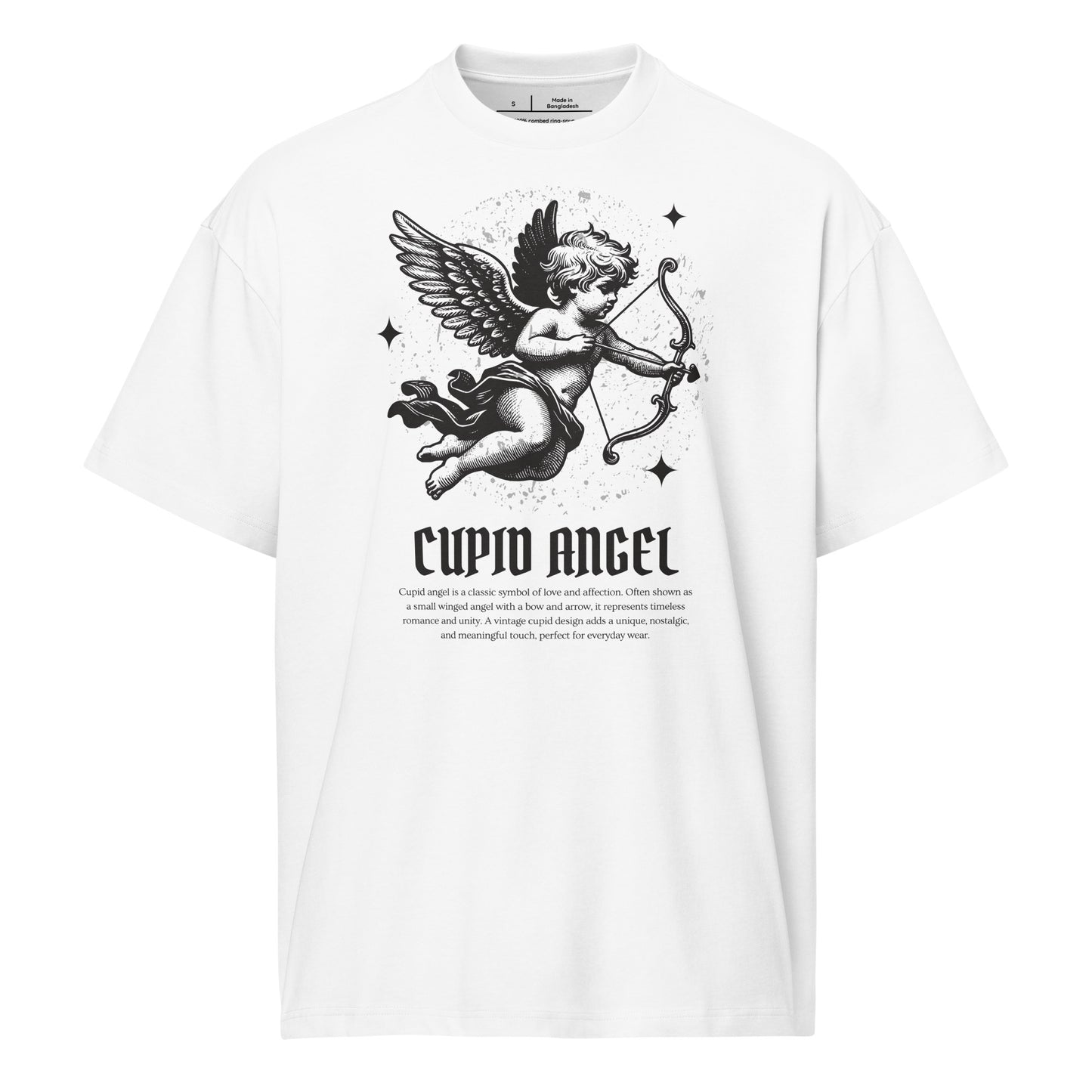 White t-shirt with Cupid angel graphic and text on a white background