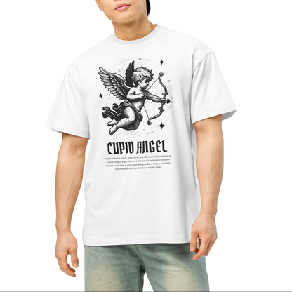 Person wearing a white t-shirt with 'Cupid Angel' graphic design on a plain background
