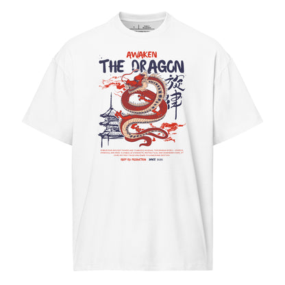 White t-shirt with dragon graphic and text on a white background