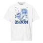 White t-shirt with blue floral design and 'BLOOM' text on a white background