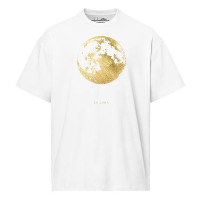 White t-shirt with a gold moon graphic and 'La Luna' text on a white background