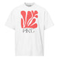 White t-shirt with red abstract design and 'ART' text on a white background
