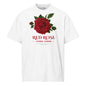 White t-shirt with a red rose graphic and text on a white background