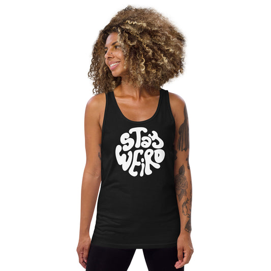 Woman wearing a black tank top with 'Stay Weird' text on a white background
