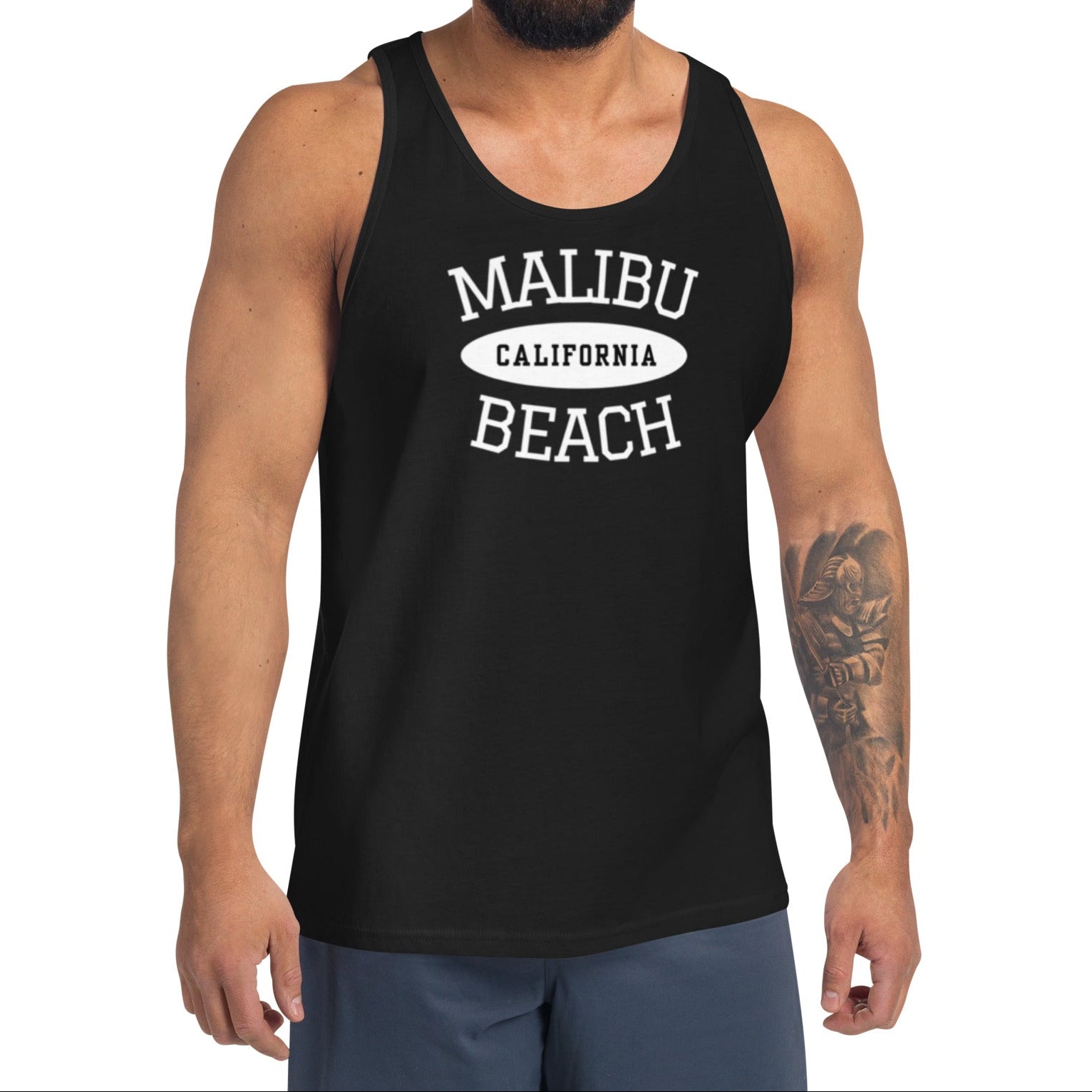 Man wearing a black tank top with 'Malibu California Beach' text on a white background