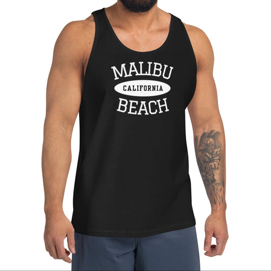 Man wearing a black tank top with 'Malibu California Beach' text on a white background