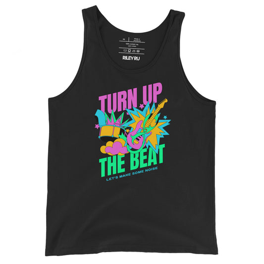 Black tank top with colorful graphic and text on a white background