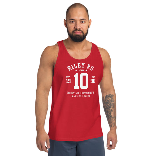 Man wearing a red tank top with 'Riley Ru' text on a white background