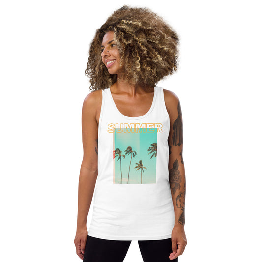 Woman wearing a white tank top with a palm tree design and 'Summer' text on a white background
