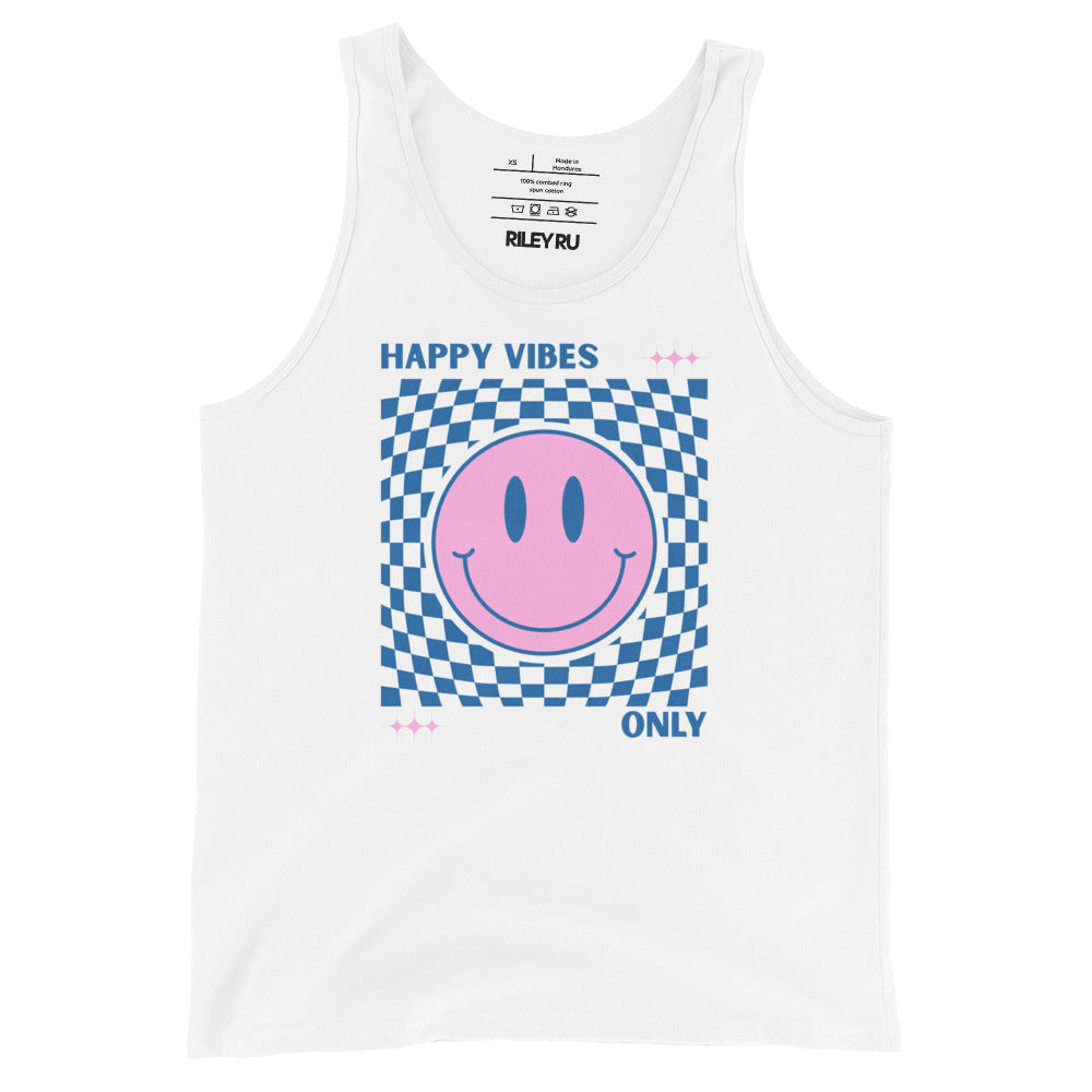 White tank top with pink smiley face and 'Happy Vibes Only' text on a white background