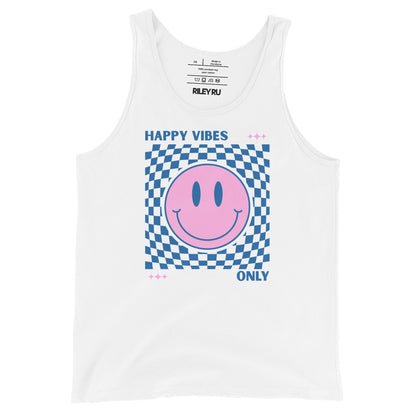 White tank top with pink smiley face and 'Happy Vibes Only' text on a white background