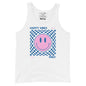 White tank top with pink smiley face and 'Happy Vibes Only' text on a white background