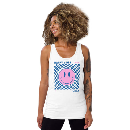 Woman wearing a white tank top with a smiley face design and 'Happy Vibes Only' text on a white background