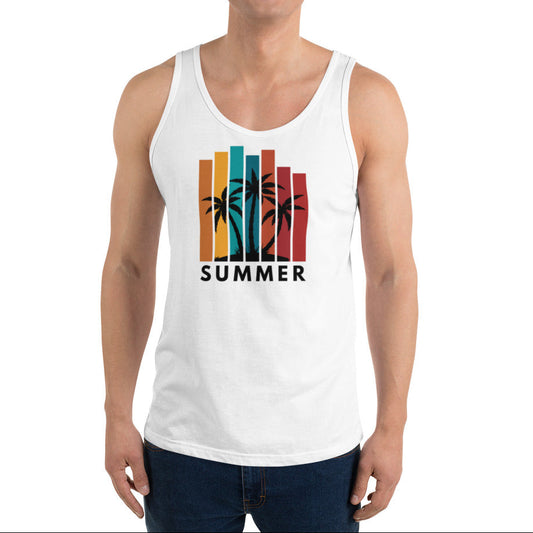 Person wearing a white tank top with 'Summer' and palm tree design on a white background