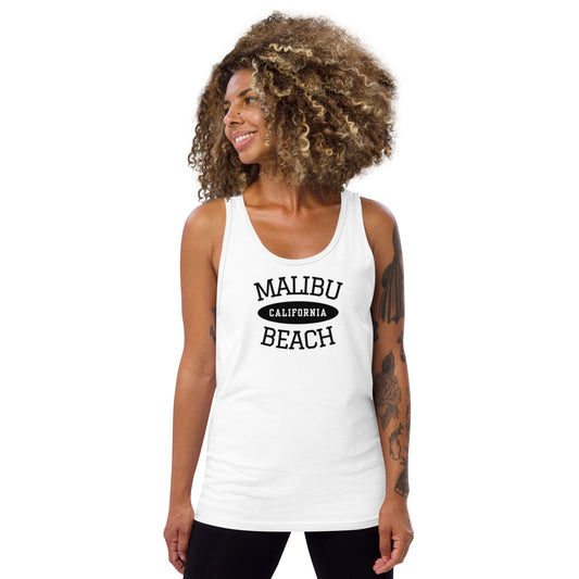 Woman wearing a white tank top with 'Malibu California Beach' text on a white background