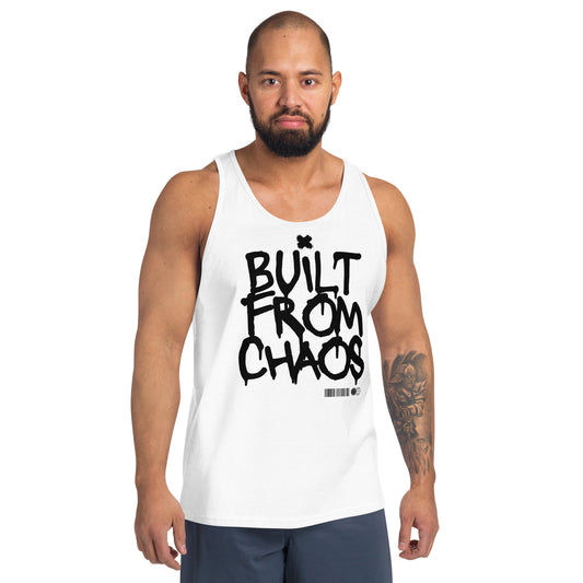 Man wearing a white tank top with 'BUILT FROM CHAOS' text on a white background