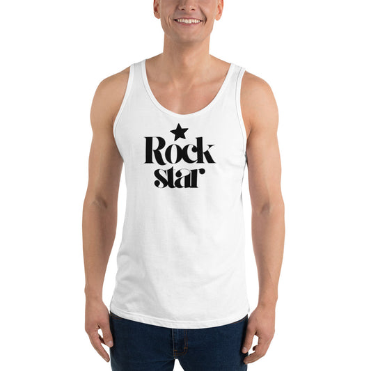 Person wearing a white tank top with 'Rock Star' text on a white background