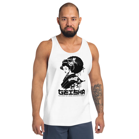 Man wearing a white tank top with a Geisha design and text on a white background