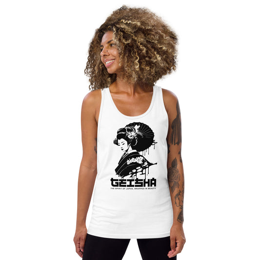 Woman wearing a white tank top with a Geisha design and text on a white background