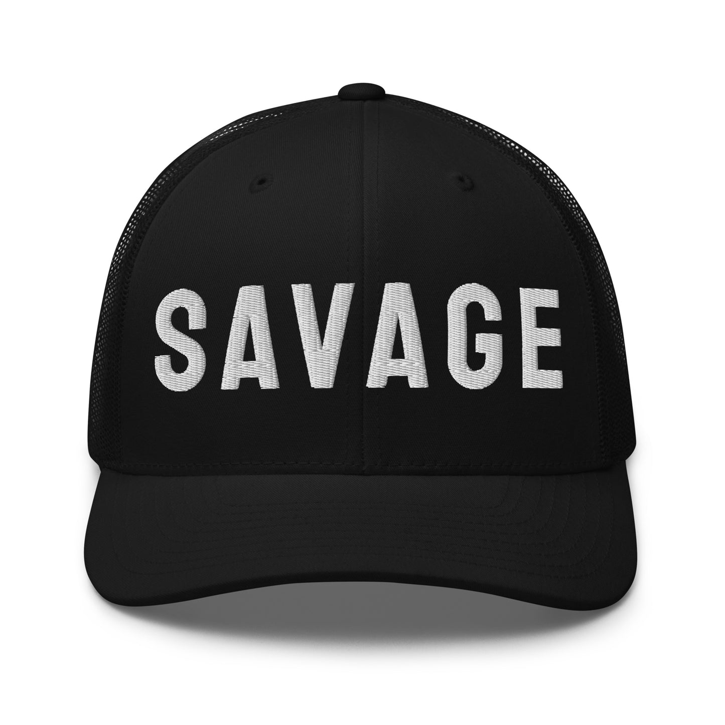 Black cap with 'SAVAGE' text and graphic on a white background