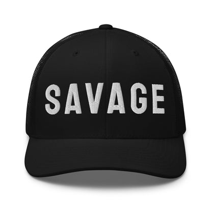 Black cap with 'SAVAGE' text and graphic on a white background