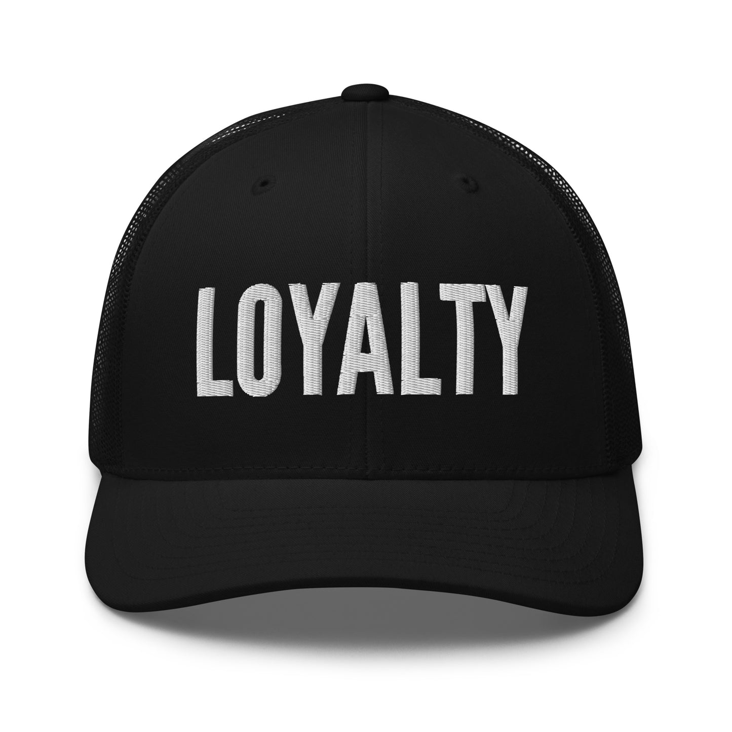 Black cap with 'LOYALTY' printed on it against a white background