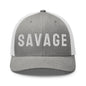 Gray and white cap with 'SAVAGE' text on a white background