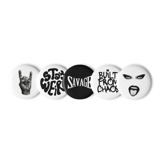 Set of five circular stickers with various designs and text on a white background