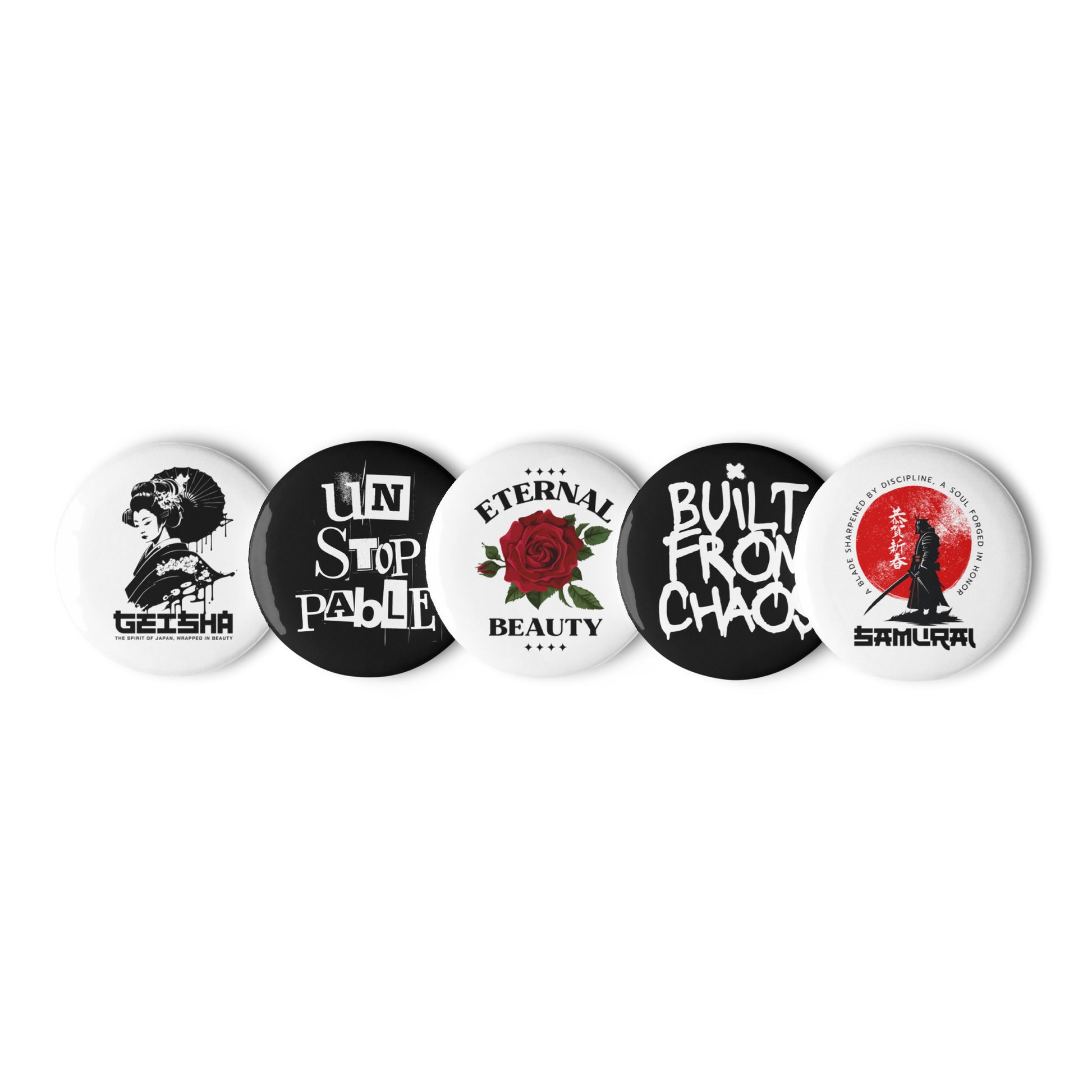 Set of five buttons with various designs and text on a white background