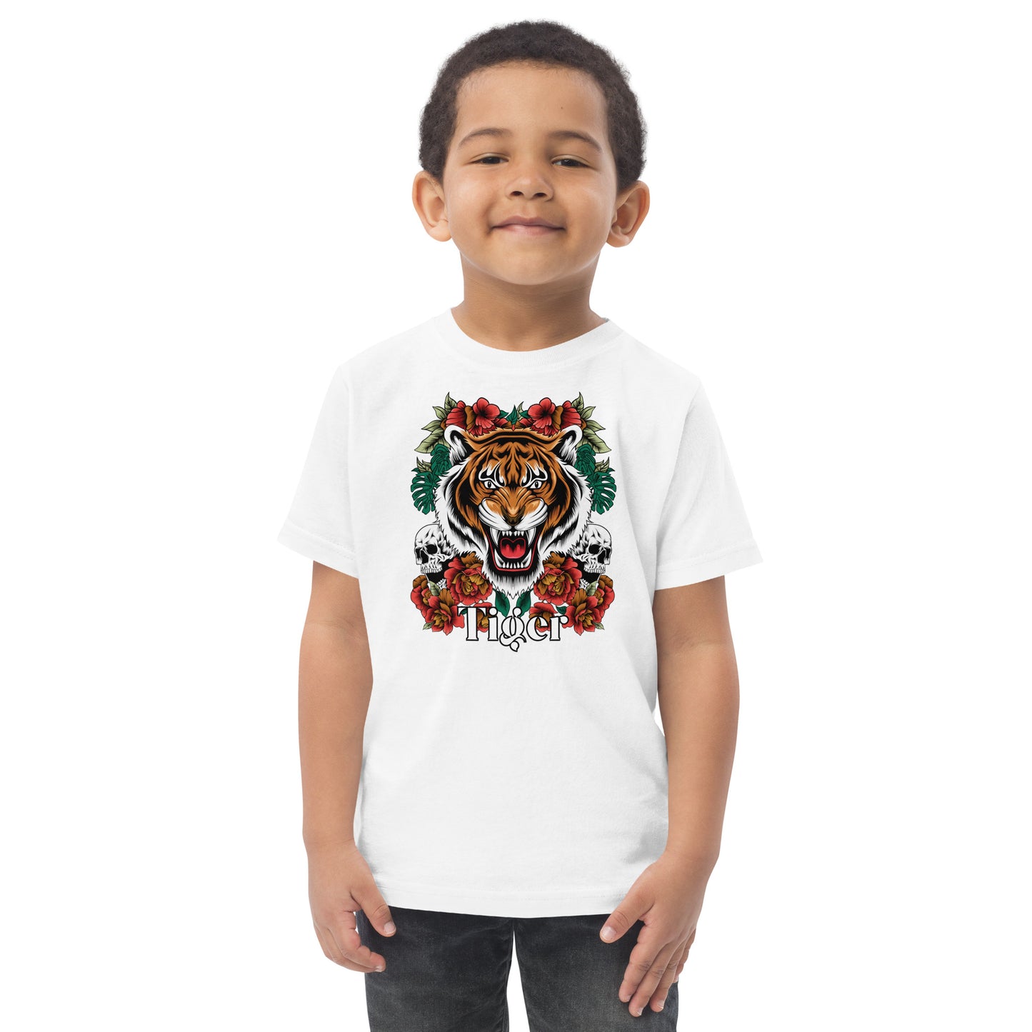 Child wearing a white t-shirt with a tiger graphic design on a white background