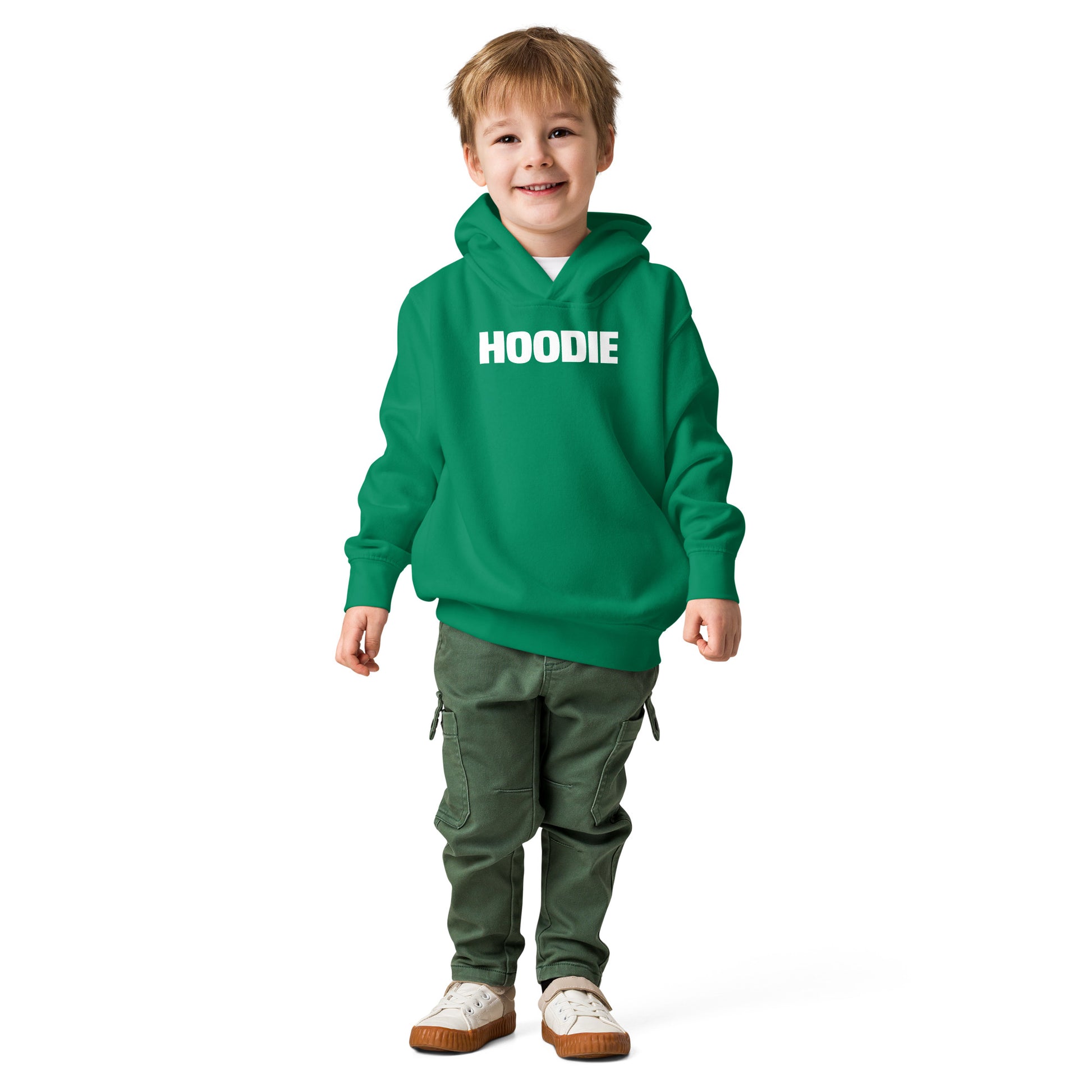 Child wearing a green hoodie with 'HOODIE' text on a white background