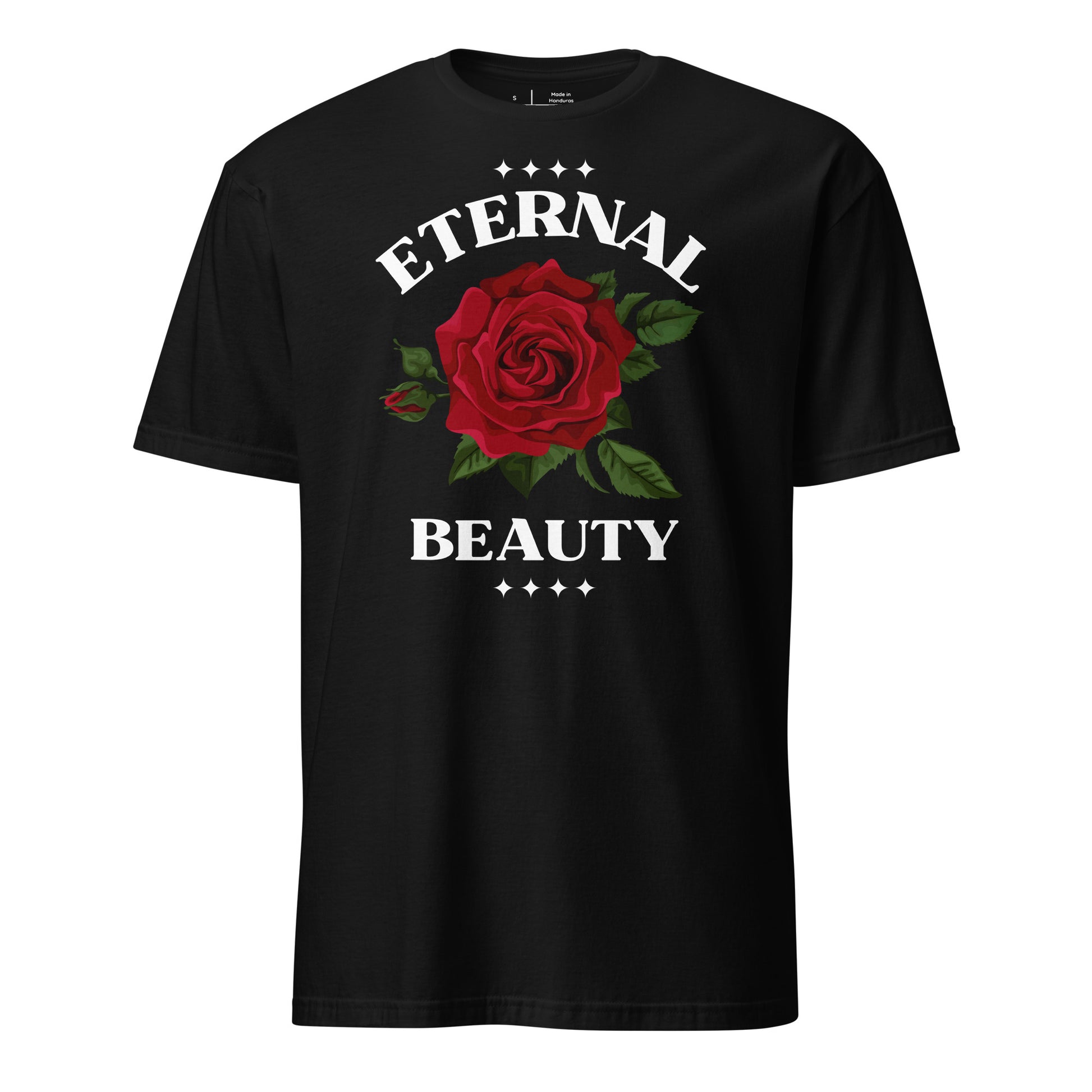Black t-shirt with a red rose and 'Eternal Beauty' text on a white background